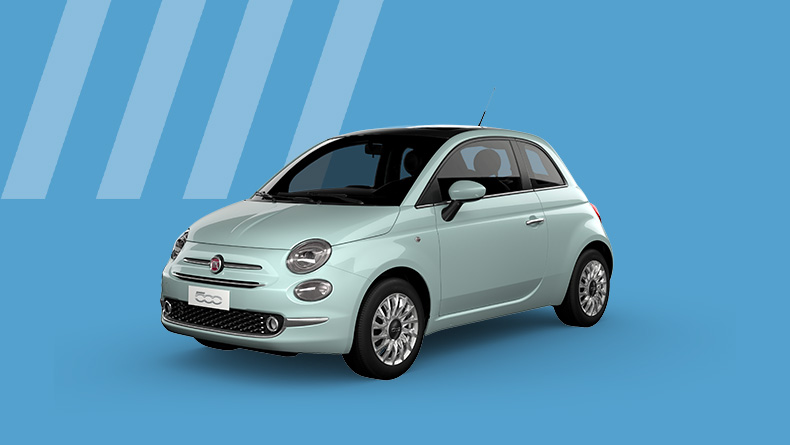 FIAT 500 Dolcevita bleue ciel à Madagascar en exposition, représentant une des finitions disponibles, avec un design moderne et élégant.