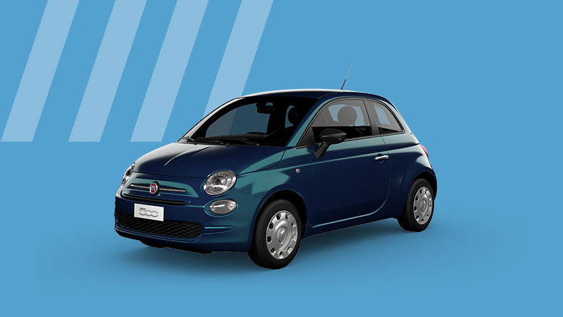 FIAT 500 bleue à Madagascar en exposition, représentant une des finitions disponibles, avec un design moderne et élégant.